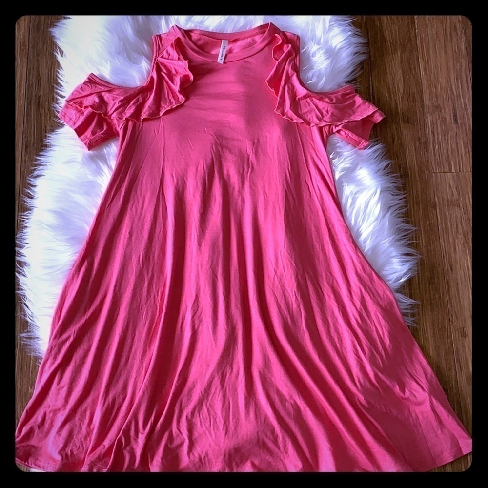 Two Pocket Cold-Shoulder Ruffle Dress